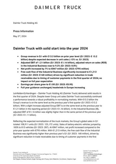 Daimler Truck with solid start into the year 2024